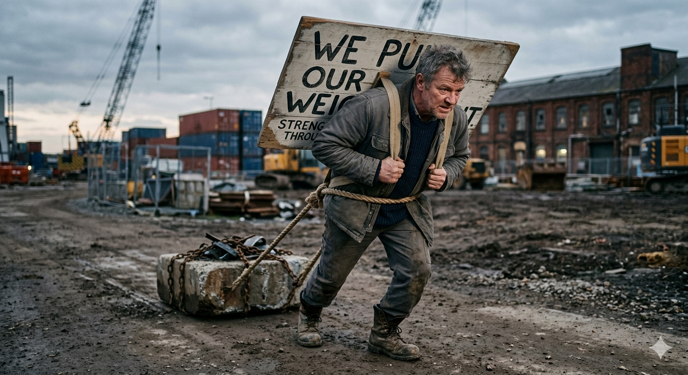 Man with a sign pulling a weight