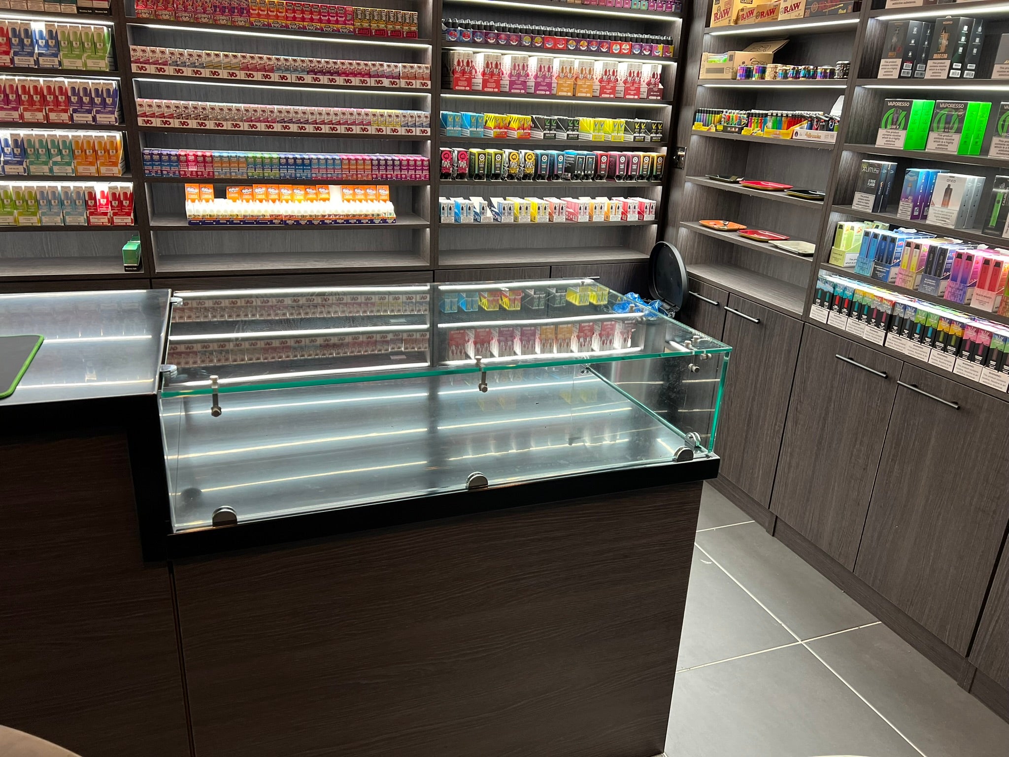 Counter showing a custom built glass display cabinet