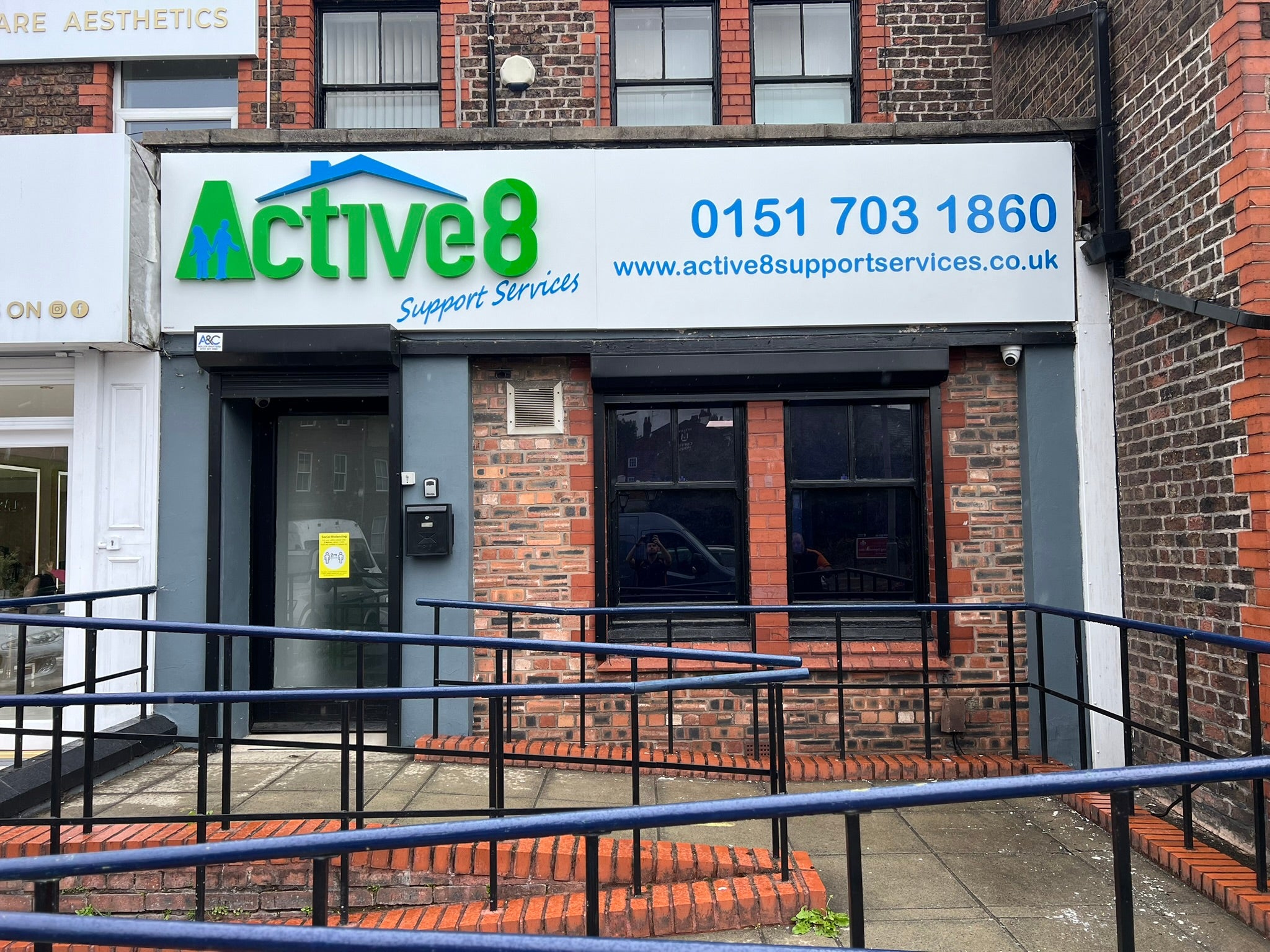 Completed Active8 Support Services fascia sign with an aluminium composite tray and raised acrylic lettering.