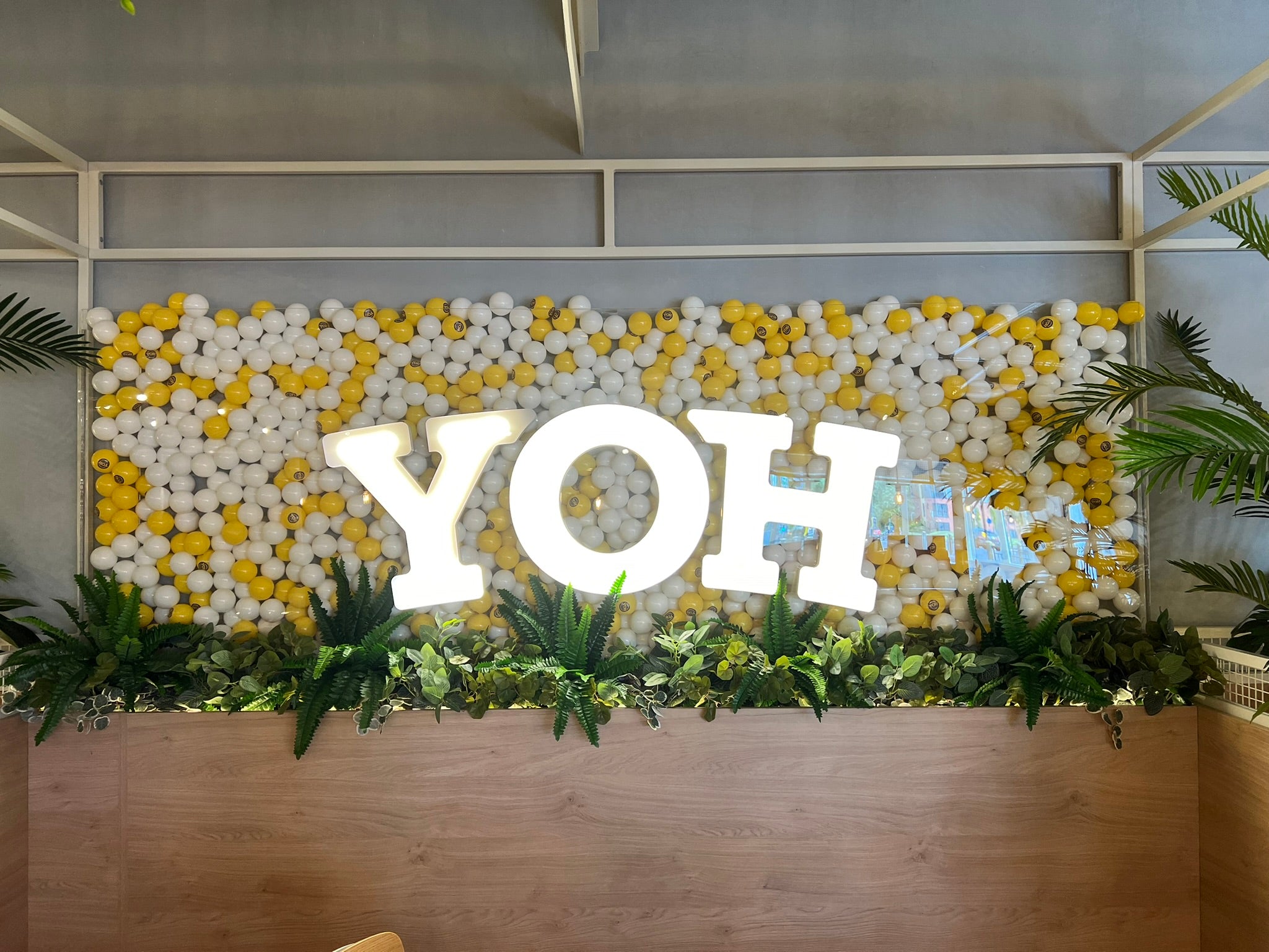 Illuminated YOH lettering within a decorative yellow and white branded feature display inside the restaurant.