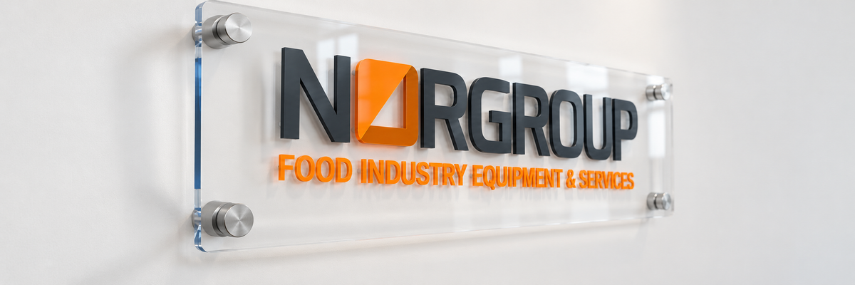 Clear acrylic panel with raised Norgroup lettering and stand-off fixings.