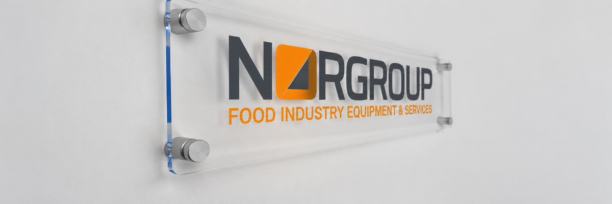 Clear acrylic panel with Norgroup vinyl graphics and stand-off fixings.