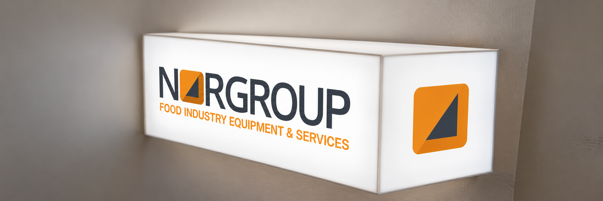 Opal acrylic lightbox with Norgroup graphics on the front and side.