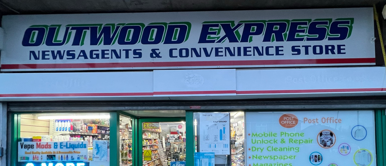 Outwood Express shopfront before replacement of the old fascia signage